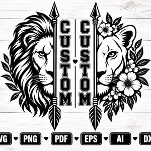 Puede incluir: Un diseño gráfico en blanco y negro con un rostro de león y leona dividido, separado por dos flechas verticales y la palabra CUSTOM escrita dos veces. La leona está rodeada de elementos florales, y la parte inferior muestra los formatos SVG, PNG, PDF, EPS, AI y DXF.