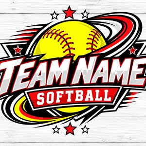 May include: A graphic design featuring a bright yellow softball with red stitching, surrounded by dynamic black and red swooshes. The text TEAM NAME appears in bold white letters with a red outline, above a red banner containing the word SOFTBALL.