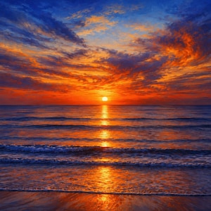 May include: A vibrant sunset over the ocean with a bright orange sun centered on the horizon. The sky is filled with dramatic clouds in shades of deep blue, purple, and fiery orange. The water reflects the golden light, creating a glowing path.