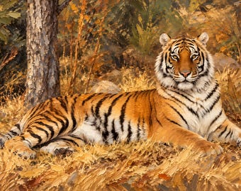 Puede incluir: Una pintura al óleo de un tigre con pelaje naranja y rayas negras descansando sobre hierba seca de color marrón dorado. El tigre está posicionado frente a un tronco de árbol texturizado, con un fondo de bosque denso en tonos tierra y pinceladas gruesas.