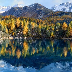 Mountain Lake Wall Art, Autumn Alpine Landscape Painting, Snowy Mountain Reflection Art, Golden Silence at the Alpine Lake