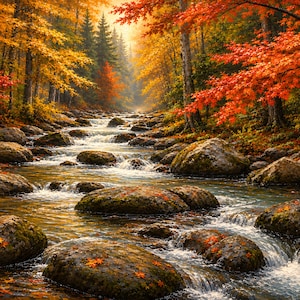Può includere: Una vibrante scena di foresta autunnale con un ruscello che scorre su rocce coperte di muschio. Gli alberi sono pieni di fogliame arancione, rosso e giallo brillante, mentre le foglie cadute sono sparse sulle pietre e sulla superficie dell'acqua.