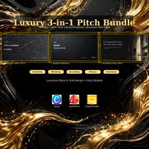 Può includere: Un pacchetto digitale Luxury 3-in-1 Pitch Bundle con uno sfondo liquido nero e oro. Include una presentazione strategica per clienti, una proposta per il consiglio e un deck aziendale. Sono presenti le icone di Canva, PowerPoint e Google Slides.