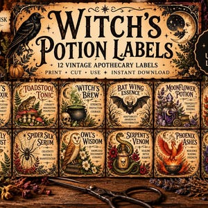May include: A collection of 12 rectangular paper labels titled Witch's Potion Labels, featuring vintage-style illustrations of a raven, toad, cauldron, bat, moonflower, black cat, dragonfly, spider, owl, snake, phoenix, and wolf.