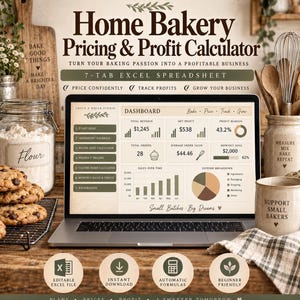 May include: A laptop screen displaying a Home Bakery Pricing & Profit Calculator Excel spreadsheet with a dashboard showing revenue, profit, and sales data. The interface includes seven tabs, charts, and text, surrounded by kitchen items like flour and cookies.