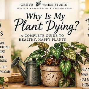 以下が含まれることがあります： Grove Whisk Studioによる30ページのデジタルガイド「Why Is My Plant Dying? A Complete Guide to Healthy, Happy Plants」。鉢植え、金属製のじょうろ、およびPlant Care、Troubleshooting、Expert Tipsなどのテキストが含まれています。