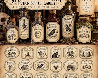 May include: A collection of glass potion bottles with cork stoppers and vintage-style labels featuring illustrations of creatures and plants. Below the bottles are 18 individual rectangular labels with text including Witch's Cabinet Potion Bottle Labels.