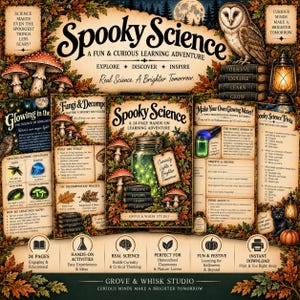 May include: A 24-page Spooky Science learning adventure booklet featuring illustrations of mushrooms, an owl, a lantern, and a glowing jar. The pages include text about bioluminescence, fungi, and science experiments with a fall-themed aesthetic.