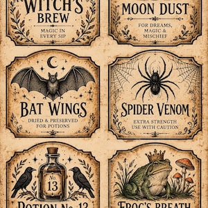 May include: A sheet of six rectangular labels with vintage-style illustrations and text. Labels include Witch's Brew, Moon Dust, Bat Wings, Spider Venom, Potion No. 13, and Frog's Breath, featuring detailed drawings of a hat, moon, bat, spider, bottle, and frog.