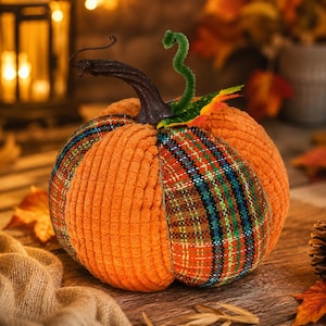 Puede incluir: Una calabaza decorativa hecha de paneles alternos de tela de pana naranja y un tejido de cuadros multicolor. La calabaza presenta un tallo curvo de color marrón oscuro, un zarcillo de limpiapipas verde y una hoja de tela en la parte superior.