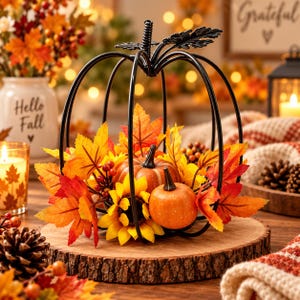 May include: A black metal wire pumpkin frame filled with artificial autumn decor, including orange pumpkins, yellow sunflowers, red berries, and vibrant orange and yellow maple leaves, all arranged on a circular natural wood slice base.