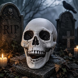 May include: A realistic human skull replica with an off-white finish and dark, recessed eye sockets and nasal cavity. The jaw is slightly open, revealing a set of teeth. It is positioned on a weathered stone surface with a dark, textured appearance.
