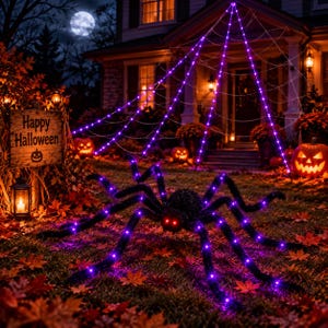 Pode incluir: Uma grande decoração de aranha preta e felpuda com luzes LED roxas nas pernas e olhos vermelhos brilhantes, posicionada num relvado coberto de folhas de outono. Uma grande teia de aranha roxa iluminada pende acima, com abóboras por perto.