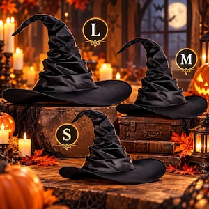 May include: Three black witch hats in small, medium, and large sizes. Each hat features a pointed, slouchy crown and a wide, flexible brim. The hats are labelled with circular icons marked with the letters S, M, and L to indicate their size.