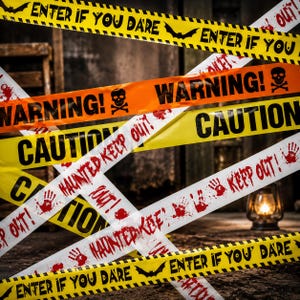 Può includere: Diversi rotoli di nastro segnaletico decorativo in giallo, arancione e bianco. Il nastro giallo riporta ENTER IF YOU DARE con icone di pipistrelli, quello arancione dice WARNING con teschi e quello bianco presenta impronte di mani rosse.