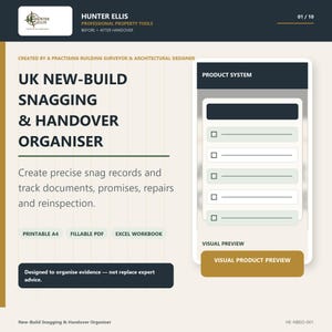 UK New-Build Snagging & Handover Organiser | Surveyor-Created Defect, Photo and Developer Tracker | PDF + Excel