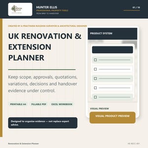 Op de afbeelding: Een digitaal UK Renovation & Extension Planner document van Hunter Ellis. De pagina bevat een visueel productvoorbeeld met selectievakjes, tekstvelden en labels voor printbare A4, invulbare PDF en Excel-werkmapformaten.