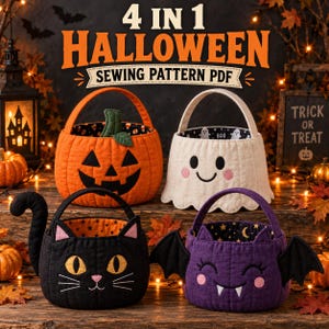 Könnte beinhalten: Ein 4-in-1-Halloween-Schnittmuster als PDF mit vier gesteppten Stoffkörben. Die Designs umfassen einen orangefarbenen Kürbis, ein weißes Gespenst, eine schwarze Katze mit Schwanz und eine violette Fledermaus mit Flügeln.