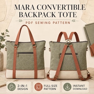 Pode incluir: Um molde de costura em PDF para a bolsa Mara Convertible Backpack Tote, mostrando duas vistas de uma bolsa de lona verde sálvia e creme com alças cor de ferrugem, bolso frontal com zíper e ferragens. Texto: MARA CONVERTIBLE BACKPACK TOTE.