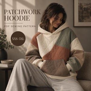 Patrón Hoodie Patchwork PDF, Sudadera Acolchada, Patrón Unisex, Tallas XXS–5XL, A4 US Letter A0
