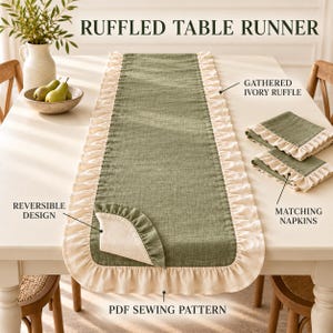 May include: A sage green table runner with ivory ruffles along the edges, featuring a reversible design with an ivory underside. The set includes matching napkins with ivory ruffles. Text labels indicate gathered ivory ruffle, reversible design, matching napkins, and PDF sewing pattern.