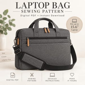 Peut inclure: Un patron de couture numérique PDF pour sacoche d'ordinateur gris anthracite avec une poche frontale zippée, deux poignées et une bandoulière noire amovible. Le texte indique LAPTOP BAG SEWING PATTERN, Digital PDF, Instant Download, Fits up to 15.6" Laptop.