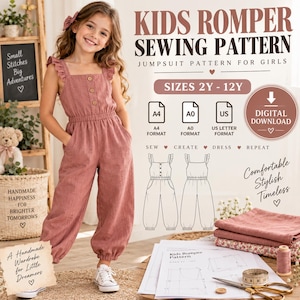 May include: A digital sewing pattern for a kids' romper, featuring text 'KIDS ROMPER SEWING PATTERN', 'SIZES 2Y - 12Y', and 'DIGITAL DOWNLOAD'. The image displays a child wearing a dusty rose sleeveless romper with buttons and ruffled straps.