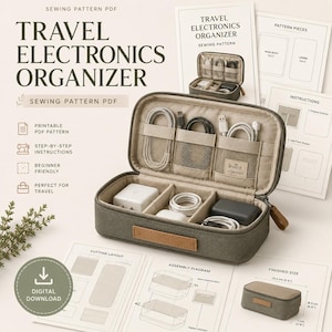 May include: A travel electronics organizer sewing pattern PDF featuring a dark olive green zippered case with a tan leather-like patch. The case interior has mesh pockets and dividers holding white and black charging cables and power adapters.