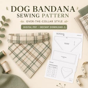 Pode incluir: Um molde de costura digital em PDF para uma bandana de cão de estilo sobre a coleira, com uma amostra de tecido xadrez bege, verde e castanho, peças de molde impressas, um guia de tamanhos em cm e uma fita métrica de referência.
