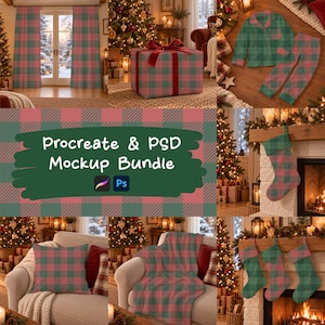 May include: A digital mockup bundle featuring a green and pink plaid pattern applied to curtains, a gift box, pajamas, a throw pillow, a blanket, and three Christmas stockings, with the text Procreate & PSD Mockup Bundle.