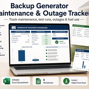 May include: A digital backup generator maintenance and outage tracker displayed on a laptop screen, featuring a generator readiness dashboard, maintenance log, and outage log with charts, graphs, and tables for tracking fuel use and test runs.