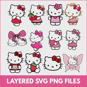 May include: A collection of twelve digital illustrations featuring a white cat character with various accessories including red bows, cherries, a crown, a heart, a birthday cake, a strawberry, and butterfly wings, with the text LAYERED SVG PNG FILES.