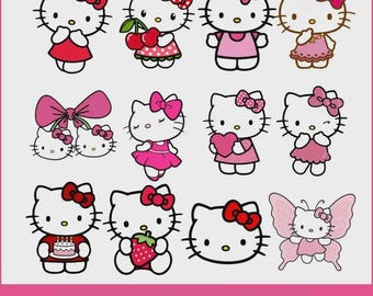 Puede incluir: Una colección de doce ilustraciones digitales que muestran un personaje de gato blanco con varios accesorios, incluyendo lazos rojos, cerezas, una corona, un corazón, un pastel de cumpleaños, una fresa y alas de mariposa, con el texto LAYERED SVG PNG FILES.