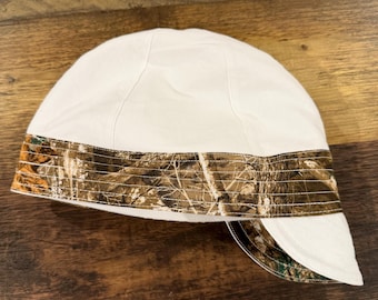 Camo Welding Cap | Handmade 6 Panel Welder Hat-White & Camouflage Welding Cap-Multiple Sizes and Crown Depths