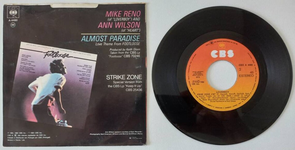 Mike Reno & Ann Wilson - Almost Paradise (Love Theme From Footloose) 1984 Portugal Original Rare 7" 45rpm Vinyl Record CBSA4480, foto 2 di 2