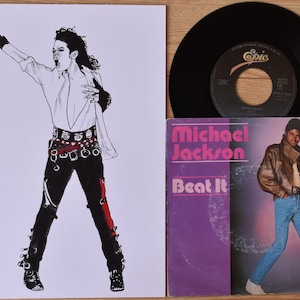 Michael Jackson "Beat It" Konst & Vinyl Samlarutgåva | Originalillustration med Vintage 1983 Portugal 7" Singel