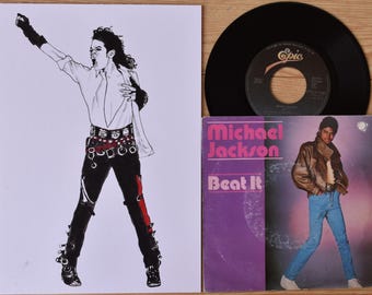 Edición de coleccionista de arte y vinilo de Michael Jackson "Beat It" / Ilustración original con sencillo vintage de 7 pulgadas de Portugal de 1983