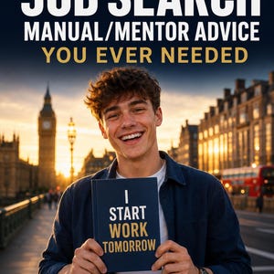 May include: A dark blue book with the text I START WORK TOMORROW in white and gold letters. The book is held by a smiling person in front of a London cityscape background. The top text reads The only ever JOB SEARCH MANUAL/MENTOR ADVICE YOU EVER NEEDED.