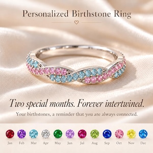 May include: A silver-toned ring featuring a twisted band design set with alternating rows of small, round, light blue and pink stones. The text reads: Personalized Birthstone Ring. Two special months. Forever intertwined. Your birthstones, a reminder that you are always connected.