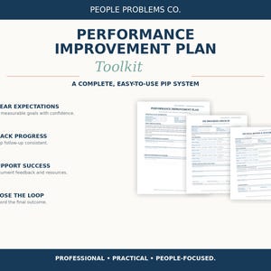 Może przedstawiać: Zestaw narzędzi planu poprawy wydajności od People Problems Co. zawierający trzy szablony dokumentów. Tekst zawiera Clear Expectations, Track Progress, Support Success i Close the Loop, ze stopką Professional, Practical, People-Focused.