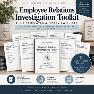 Può includere: Un kit digitale per le indagini sulle relazioni con i dipendenti che include 11 modelli HR e guide per i colloqui. Il set comprende moduli PDF compilabili, modelli Word modificabili e documenti stampabili per indagini e interviste.