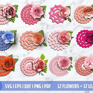 Peut inclure: Une collection numérique de 12 modèles de fleurs en papier et 12 motifs de feuilles dans diverses nuances de rose, orange, rouge et bleu. Chaque fleur est présentée sous forme de base en spirale plate avec une version assemblée en 3D. Texte 12 DESIGNS SVG EPS DXF PNG PDF.