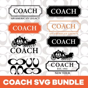 May include: A digital collection of Coach brand logos and graphics, including text-based labels with the word COACH, horse-drawn carriage silhouettes, and the iconic C-shaped monogram pattern, presented in black, white, and orange color schemes.