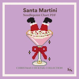 May include: A pixel art needlepoint chart PDF titled Santa Martini Christmas Cocktail Collection. The design features a martini glass with a red bow, containing a pink drink with Santa's legs sticking out, surrounded by small yellow sparkles.