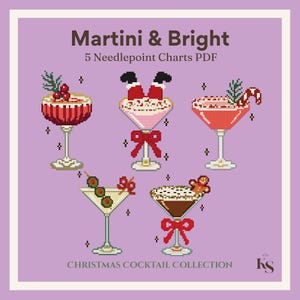 Christmas Cocktail Collection Needlepoint Chart Bundle | Martini & Bright | 5 Festive Drinks PDF Patterns