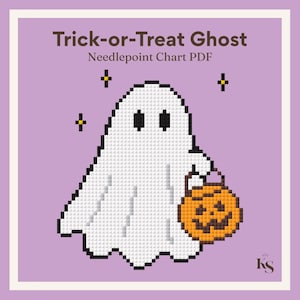 May include: A digital needlepoint chart PDF titled Trick-or-Treat Ghost featuring a pixelated white ghost with black eyes holding an orange jack-o'-lantern bucket. The design is set against a light purple background with small yellow star accents.