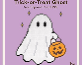 May include: A digital needlepoint chart PDF titled Trick-or-Treat Ghost featuring a pixelated white ghost with black eyes holding an orange jack-o'-lantern bucket. The design is set against a light purple background with small yellow star accents.
