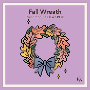 May include: A digital needlepoint chart PDF titled Fall Wreath featuring a pixelated wreath design made of orange, yellow, pink, and green leaves with a blue bow at the bottom, set against a light purple background with small star accents.