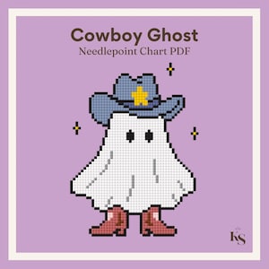 以下が含まれることがあります： Cowboy GhostというタイトルのデジタルニードルポイントチャートPDF。グラフィックは、黄色い星が付いた青いカウボーイハットと赤いカウボーイブーツを身に着けたピクセル化された白い幽霊を描いており、小さな黄色い星が散りばめられた薄紫色の背景に配置されています。