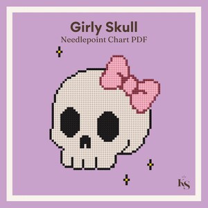 May include: A digital needlepoint chart PDF titled Girly Skull featuring a pixelated white skull with black eye sockets and a pink bow on a light purple background with small yellow star accents and the KS logo in the bottom right corner.